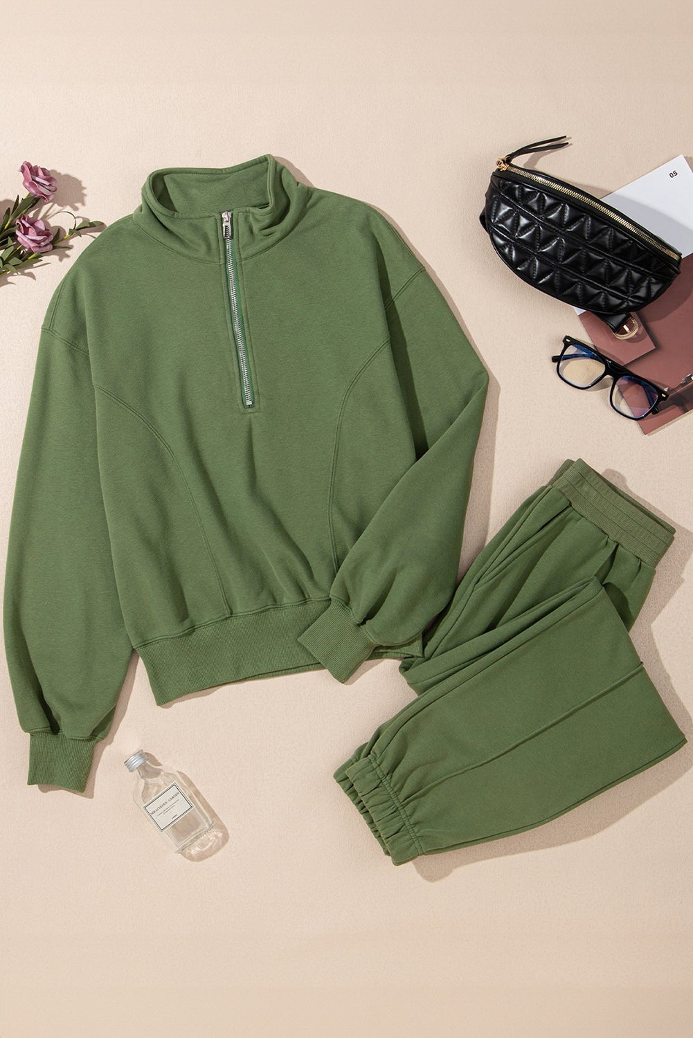 Vineyard Green Half Zip up Pullover Active Top and Joggers Set - MAD RUFFI