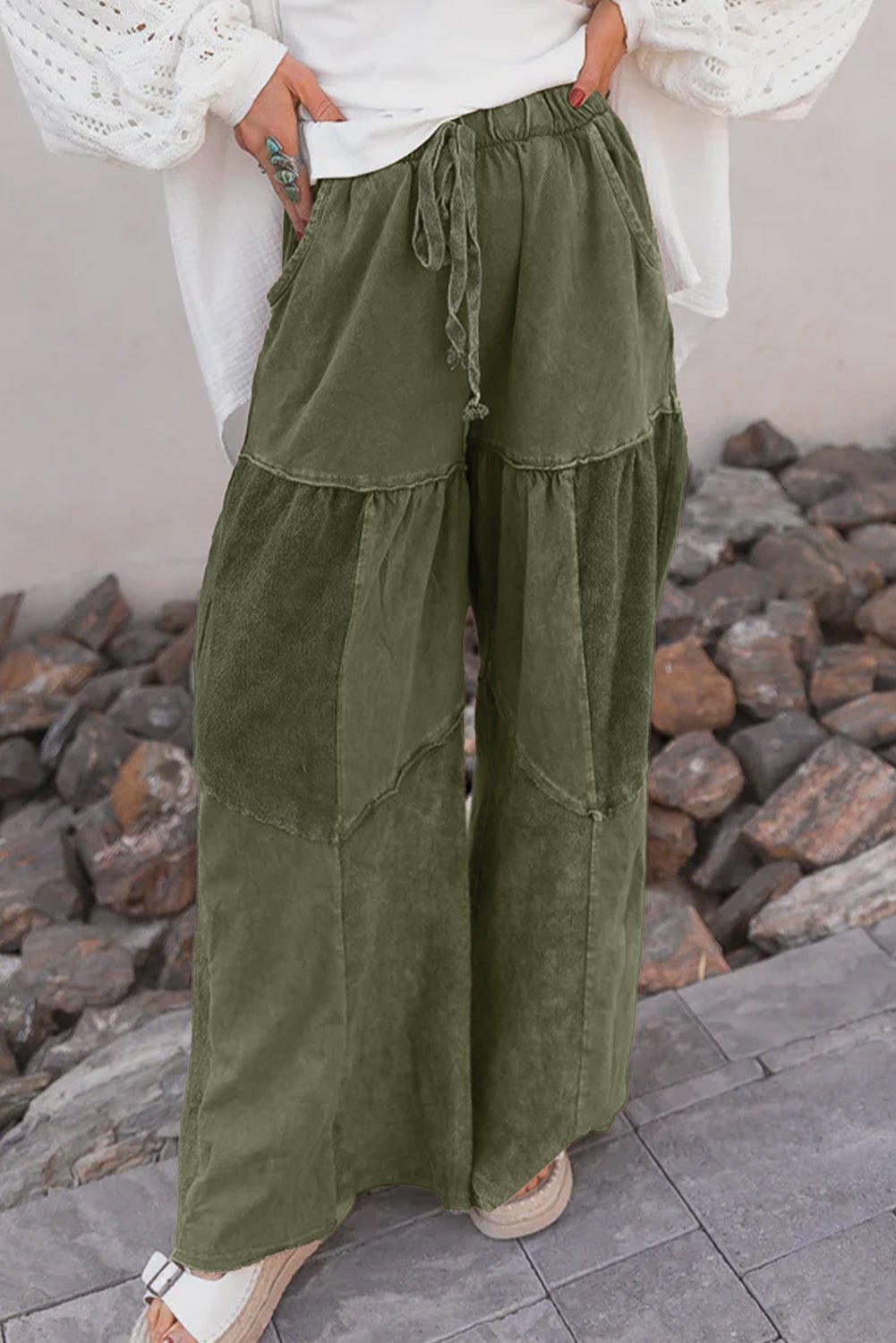 Vineyard Green Mineral Wash Tiered Wide Leg Patchwork Drawstring Pants - MAD RUFFI