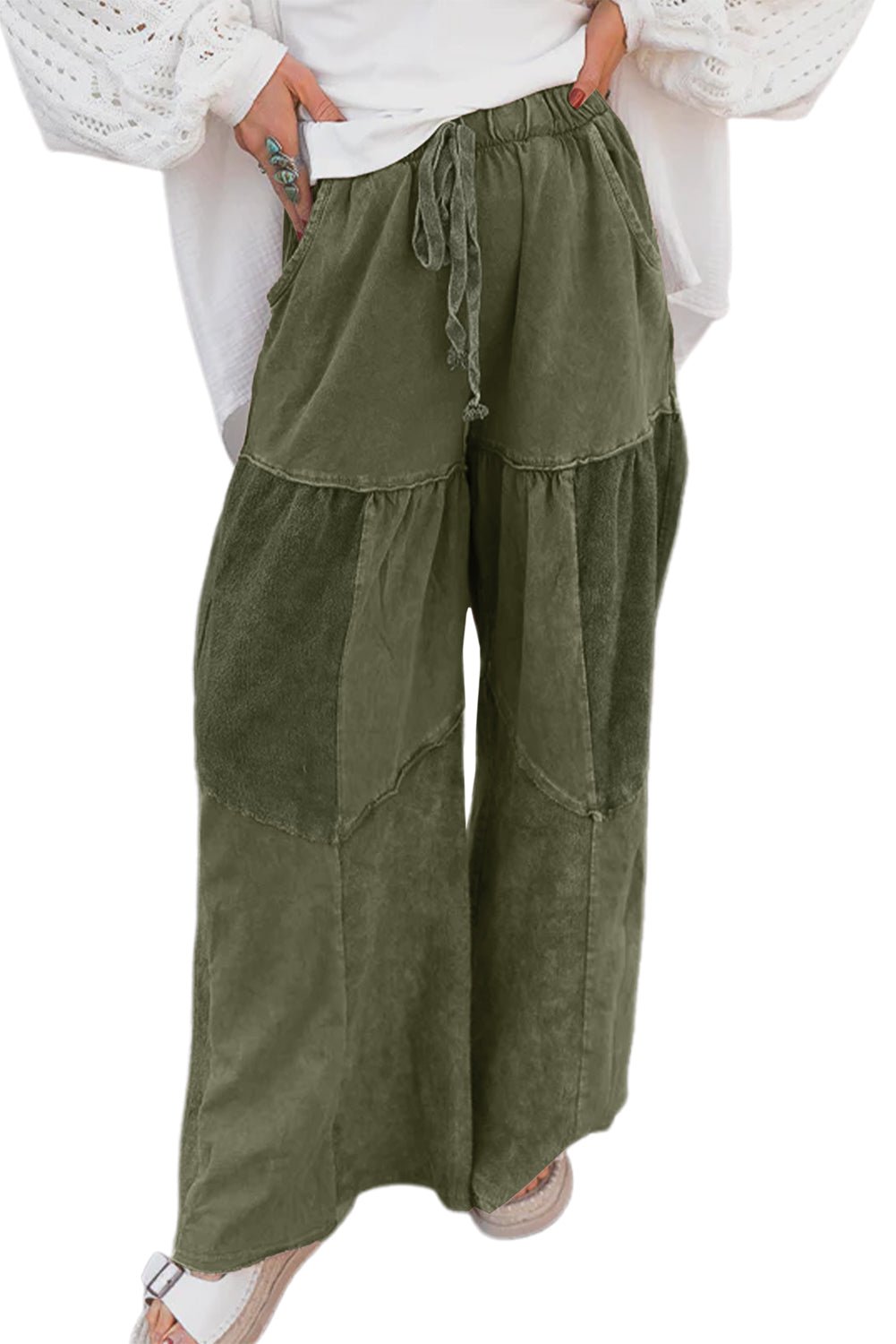 Vineyard Green Mineral Wash Tiered Wide Leg Patchwork Drawstring Pants - MAD RUFFI