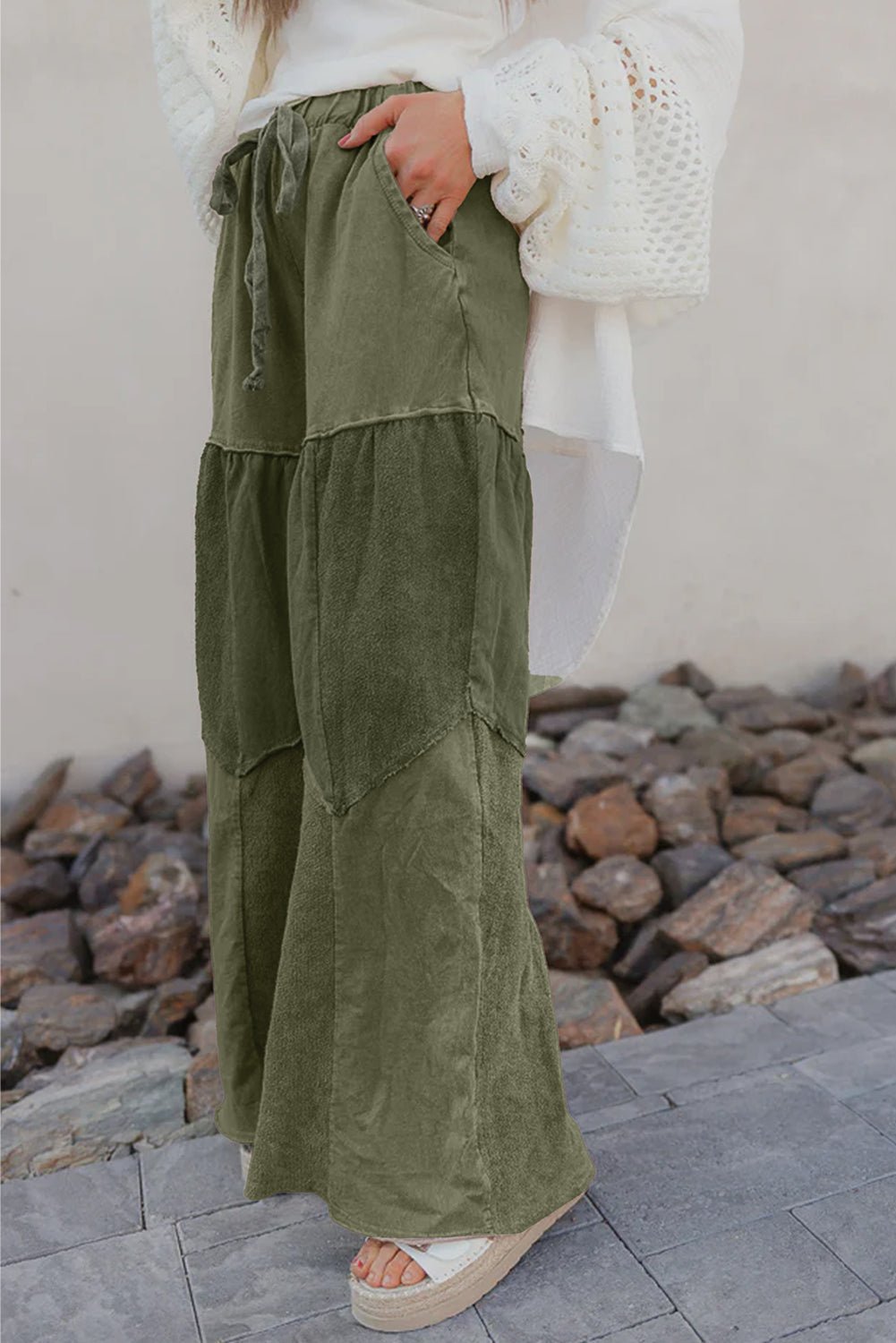 Vineyard Green Mineral Wash Tiered Wide Leg Patchwork Drawstring Pants - MAD RUFFI