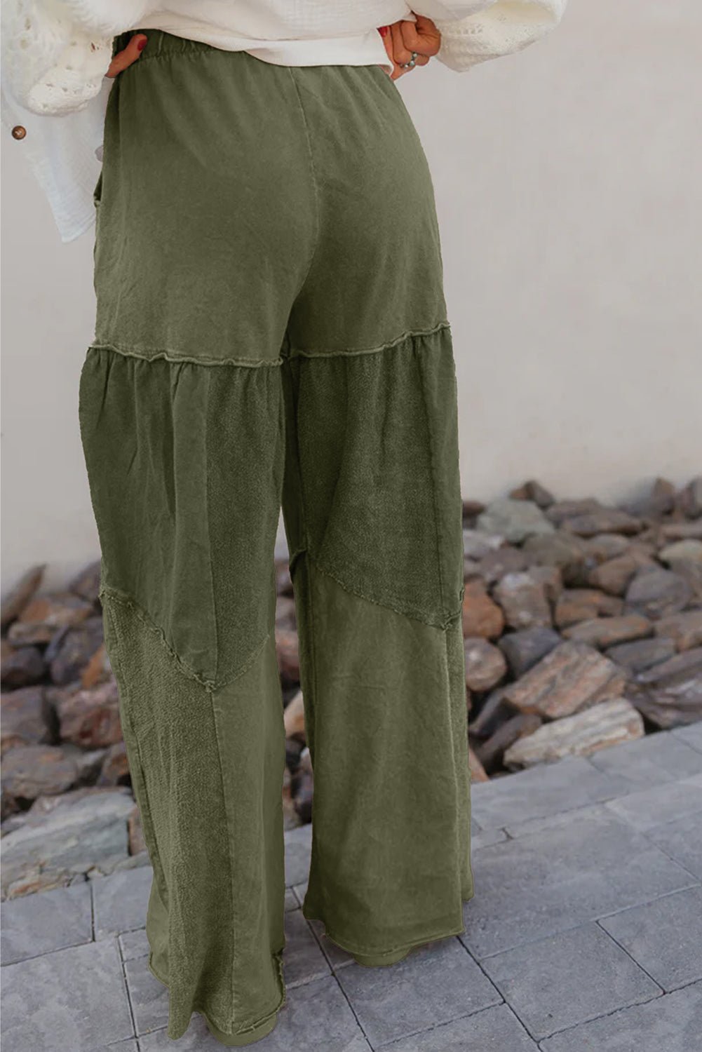 Vineyard Green Mineral Wash Tiered Wide Leg Patchwork Drawstring Pants - MAD RUFFI