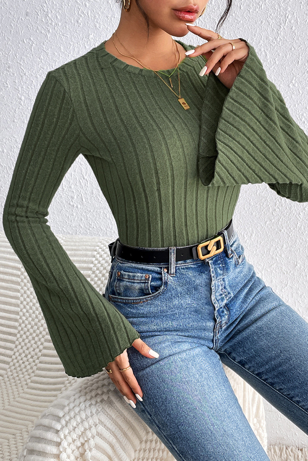 Vineyard Green Plain Ribbed Bell Sleeve Top - MAD RUFFI