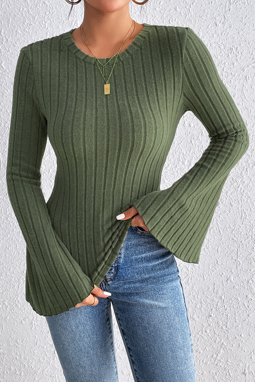 Vineyard Green Plain Ribbed Bell Sleeve Top - MAD RUFFI