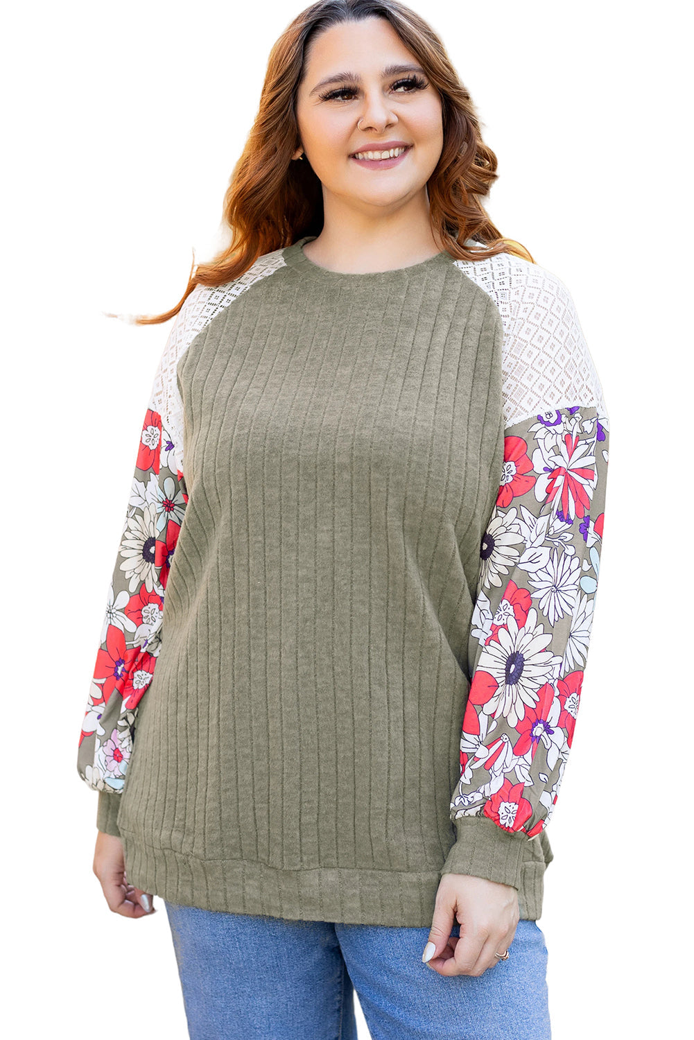 Vineyard Green Plus Size Textured Floral Patchwork Raglan Sleeve Top - Plus Size Tops