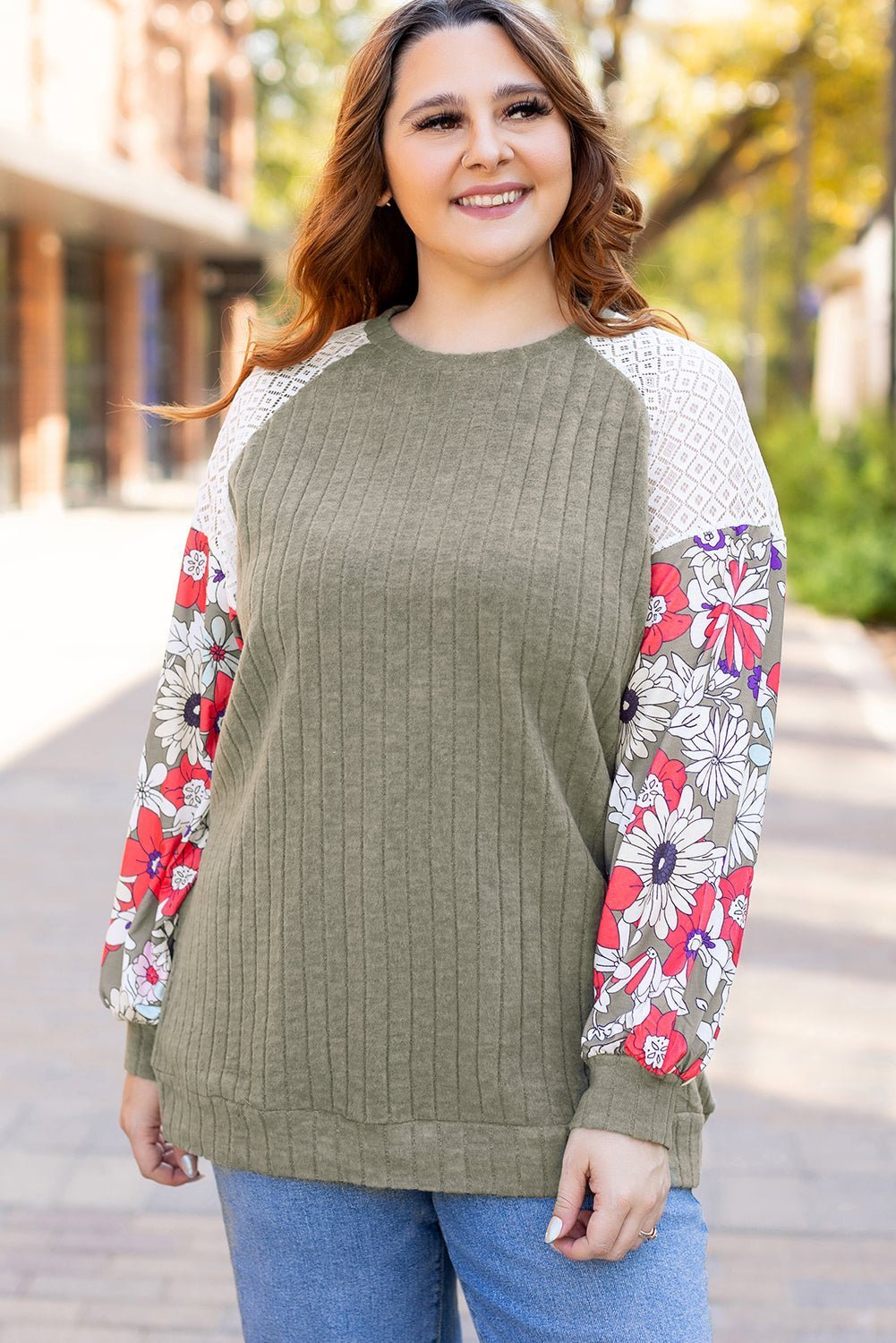 Vineyard Green Plus Size Textured Floral Patchwork Raglan Sleeve Top - MAD RUFFI