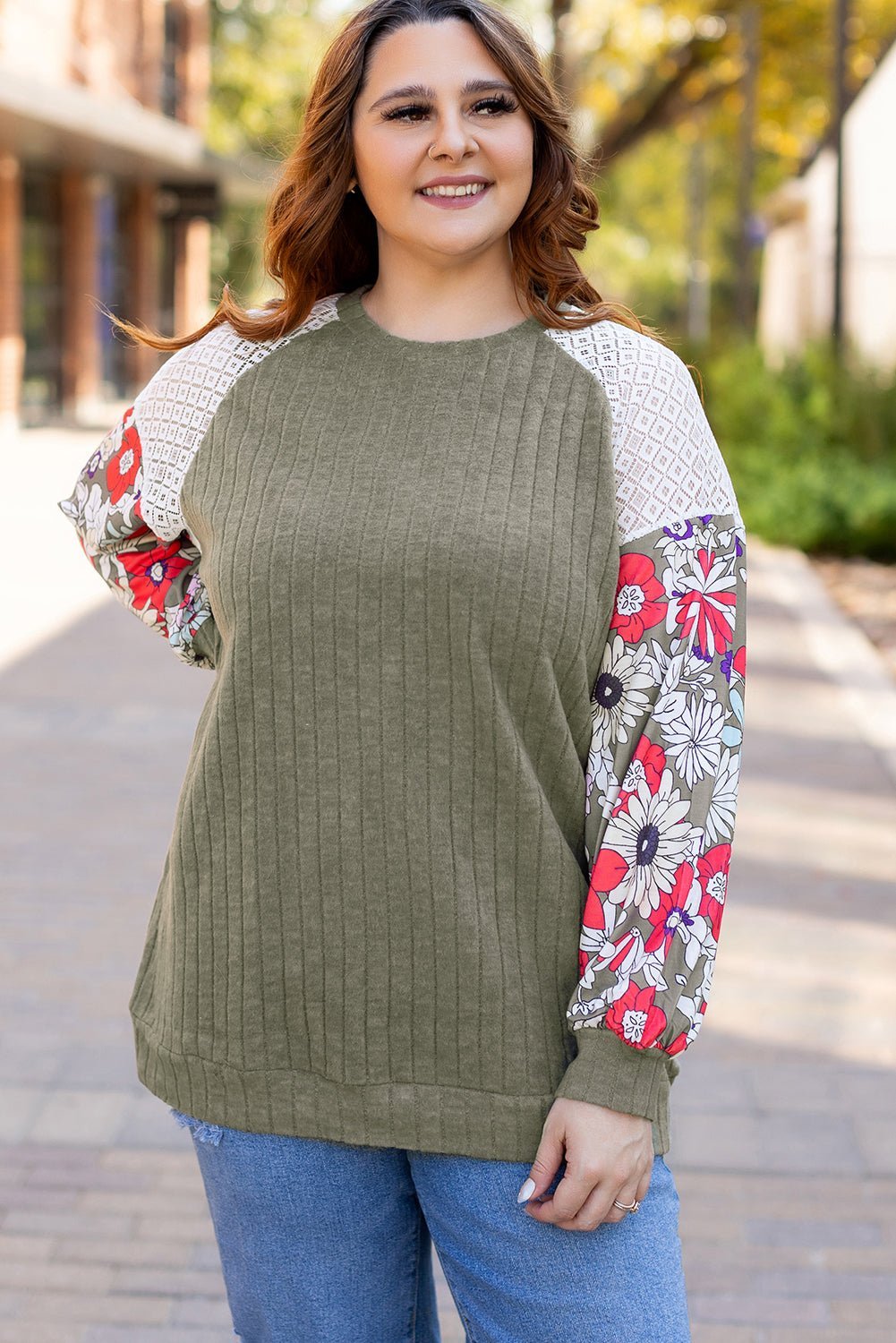 Vineyard Green Plus Size Textured Floral Patchwork Raglan Sleeve Top - MAD RUFFI