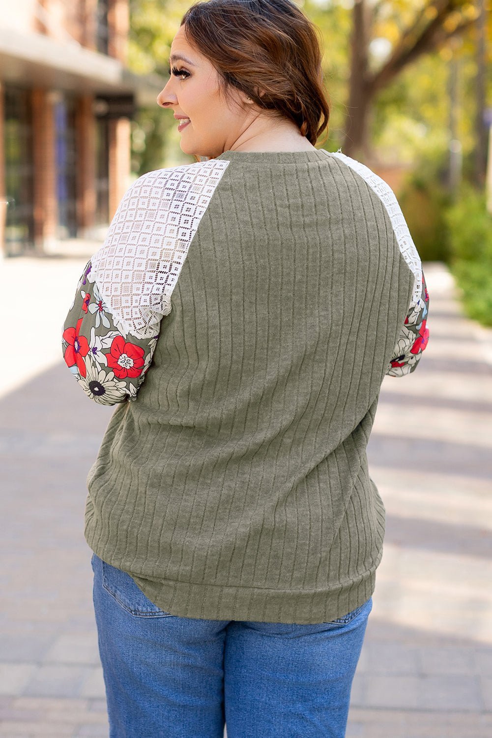 Vineyard Green Plus Size Textured Floral Patchwork Raglan Sleeve Top - MAD RUFFI