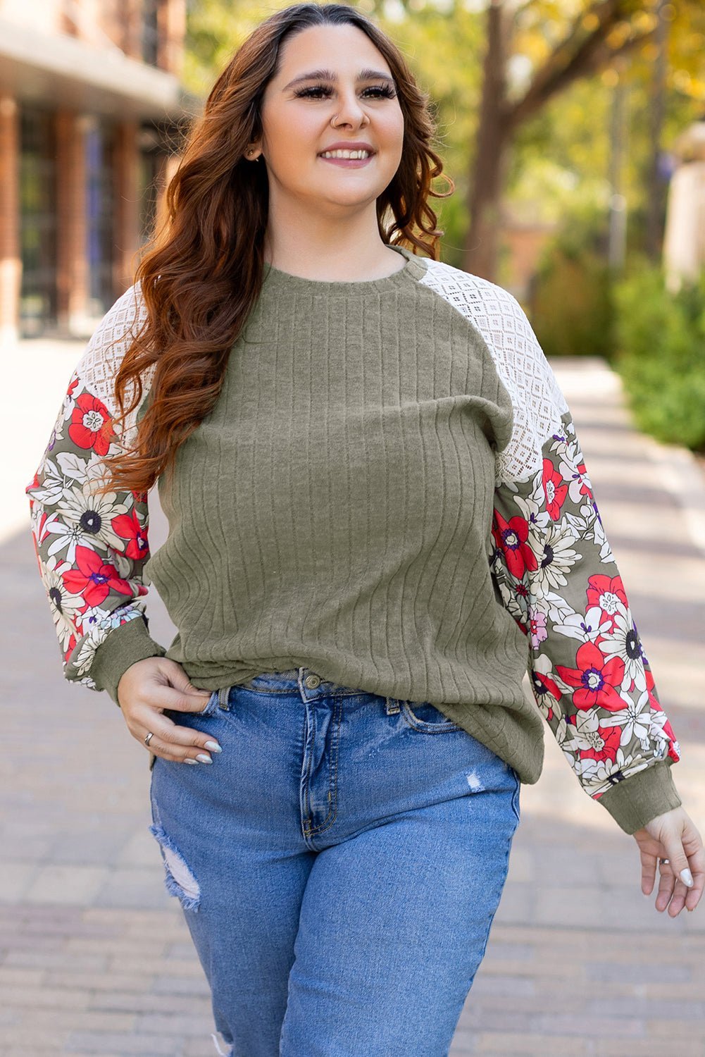 Vineyard Green Plus Size Textured Floral Patchwork Raglan Sleeve Top - MAD RUFFI