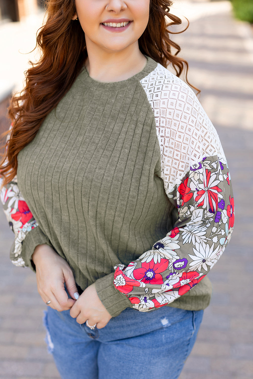 Vineyard Green Plus Size Textured Floral Patchwork Raglan Sleeve Top - Plus Size Tops