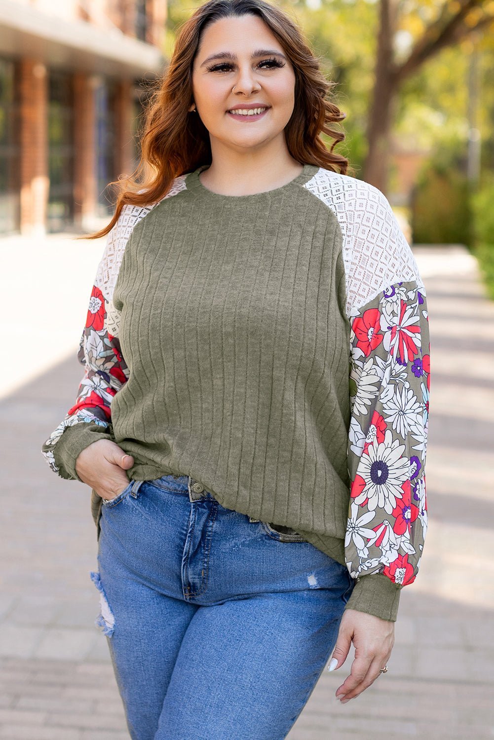 Vineyard Green Plus Size Textured Floral Patchwork Raglan Sleeve Top - MAD RUFFI