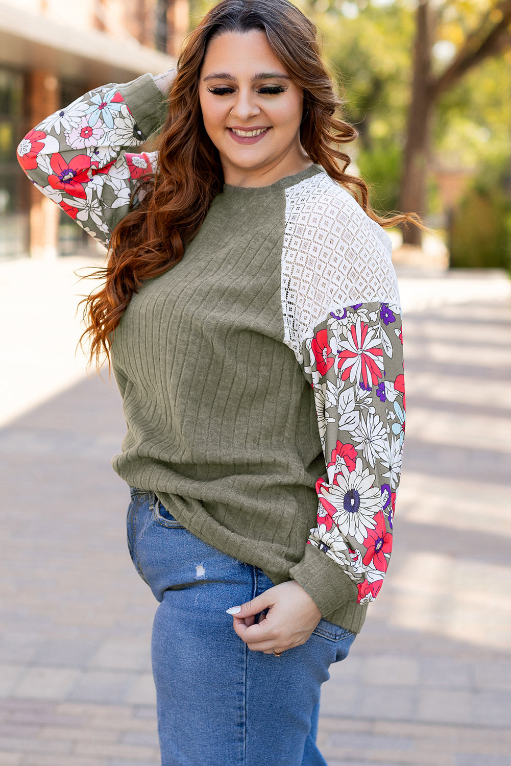 Vineyard Green Plus Size Textured Floral Patchwork Raglan Sleeve Top - Plus Size Tops