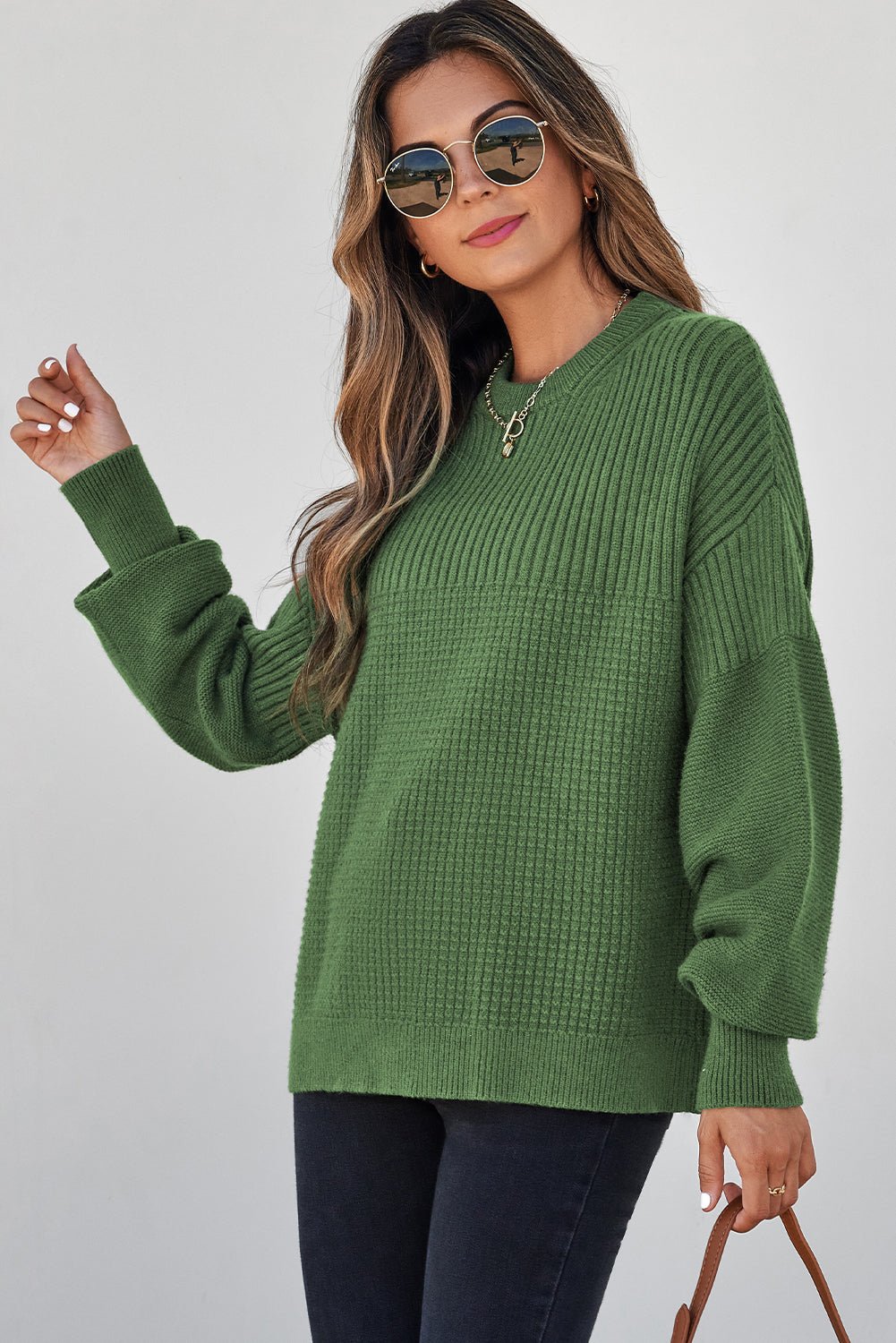 Vineyard Green Solid Color Mixed Textured Knitted Crew Neck Sweater - MAD RUFFI