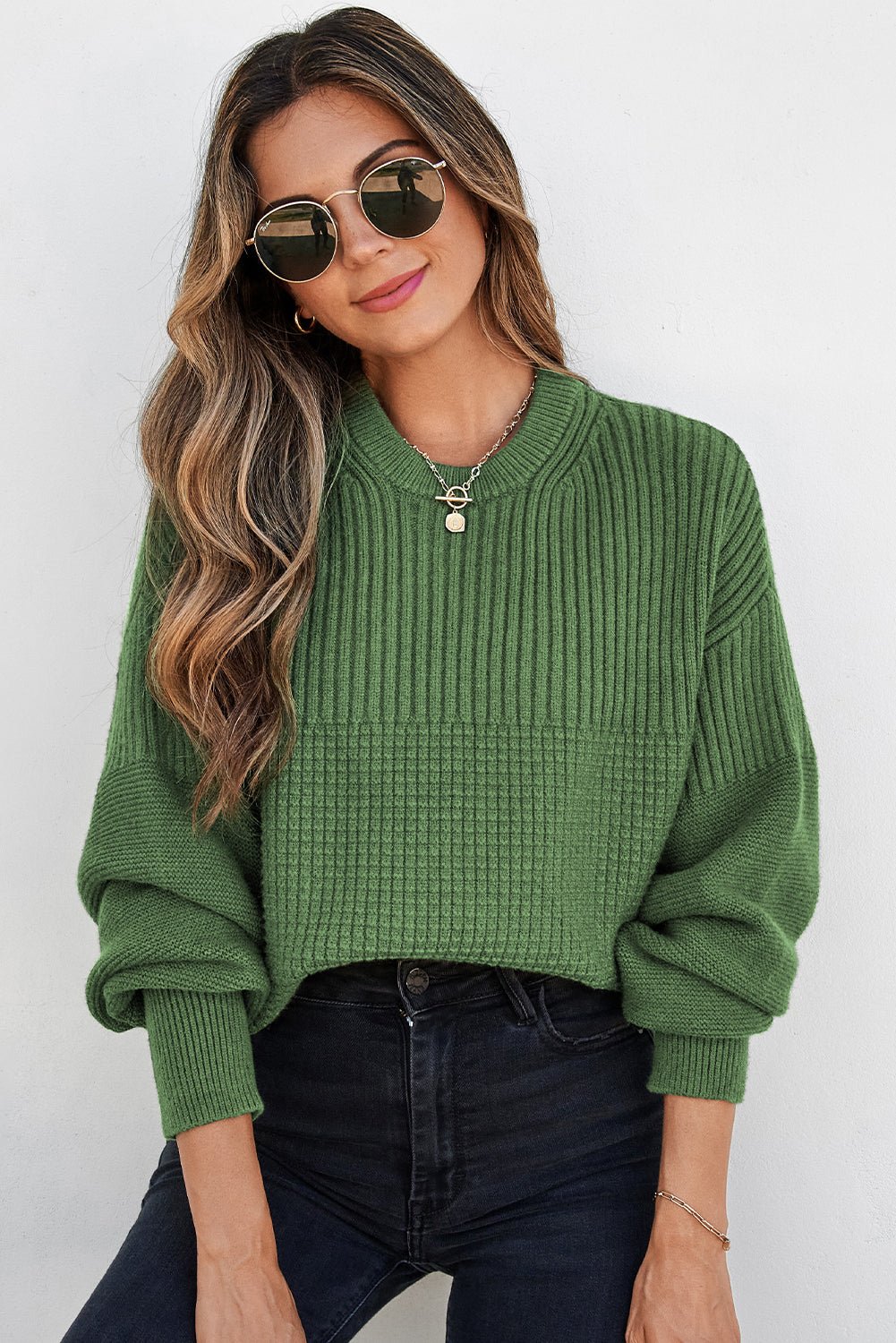 Vineyard Green Solid Color Mixed Textured Knitted Crew Neck Sweater - MAD RUFFI