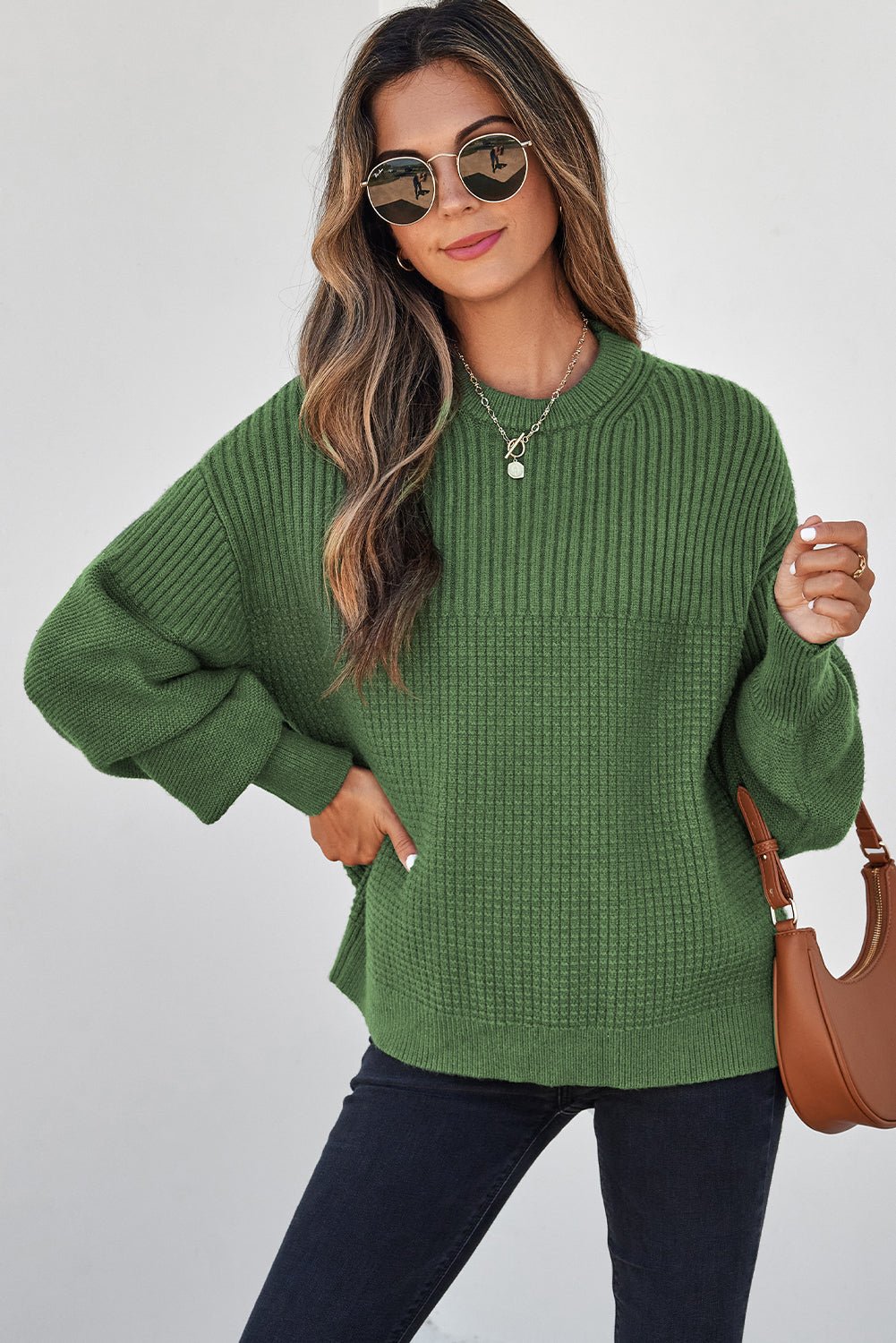 Vineyard Green Solid Color Mixed Textured Knitted Crew Neck Sweater - MAD RUFFI