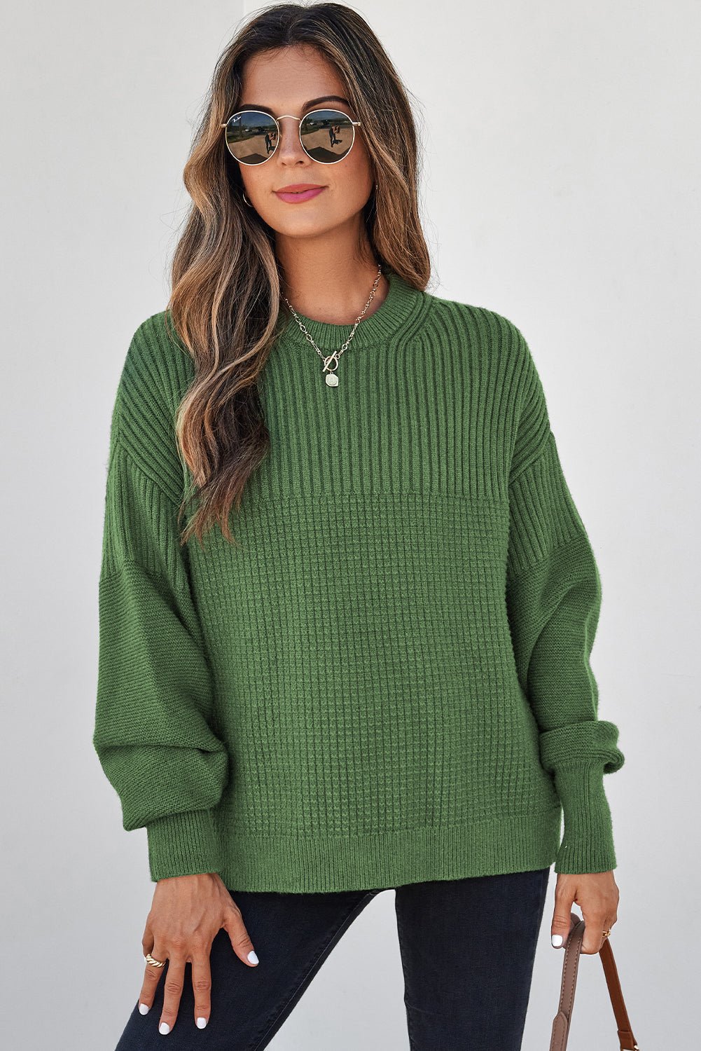 Vineyard Green Solid Color Mixed Textured Knitted Crew Neck Sweater - MAD RUFFI