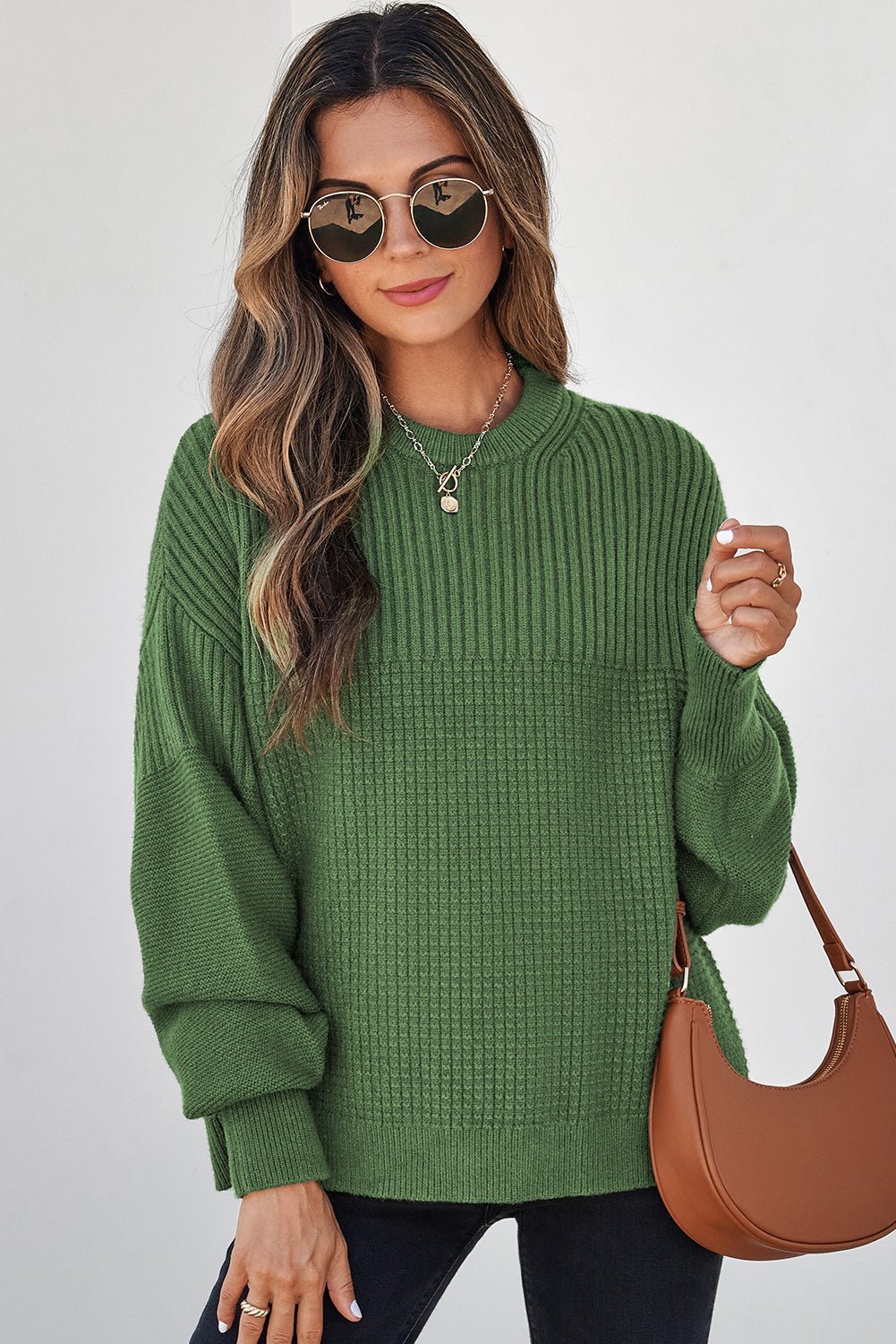Vineyard Green Solid Color Mixed Textured Knitted Crew Neck Sweater - MAD RUFFI