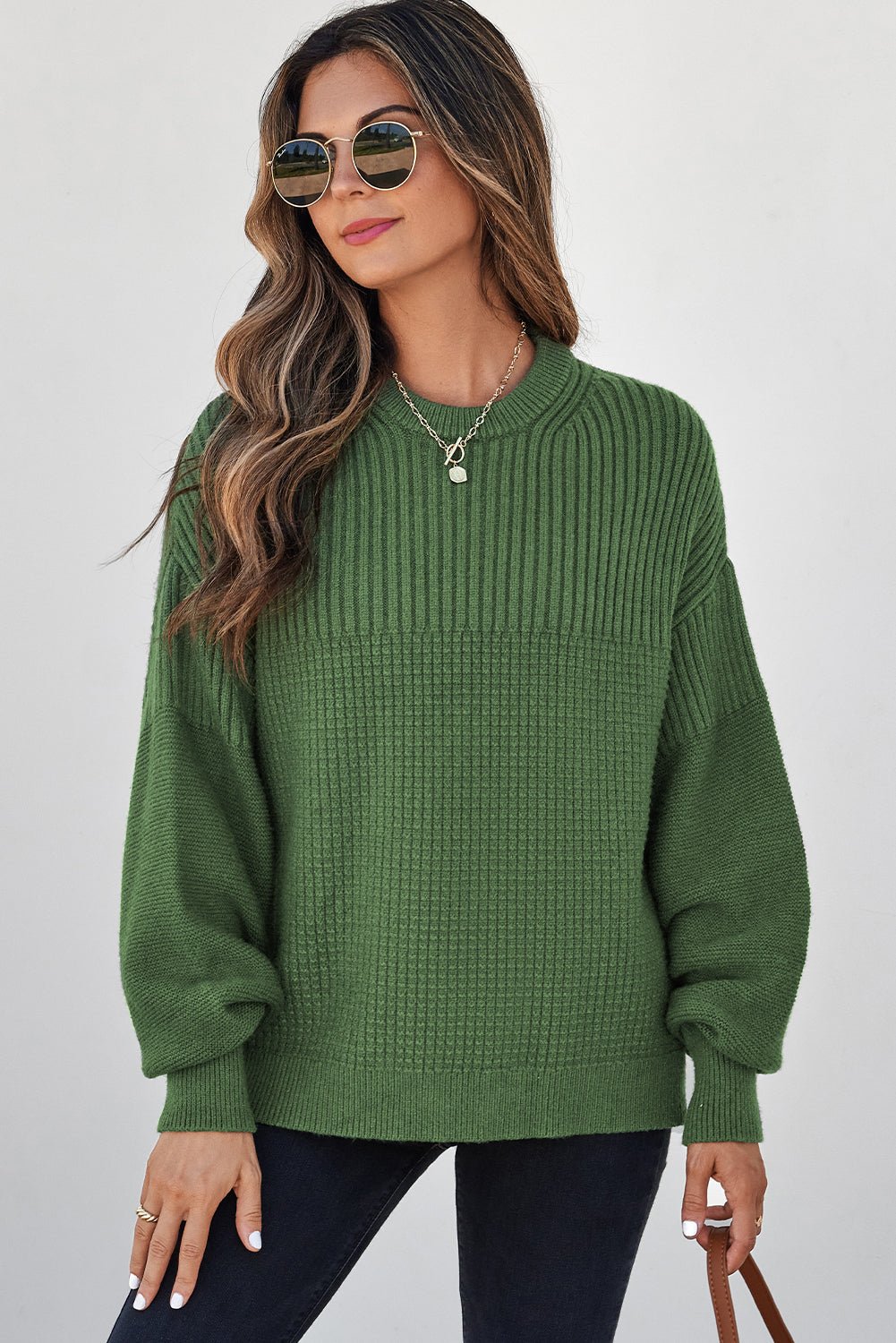 Vineyard Green Solid Color Mixed Textured Knitted Crew Neck Sweater - MAD RUFFI
