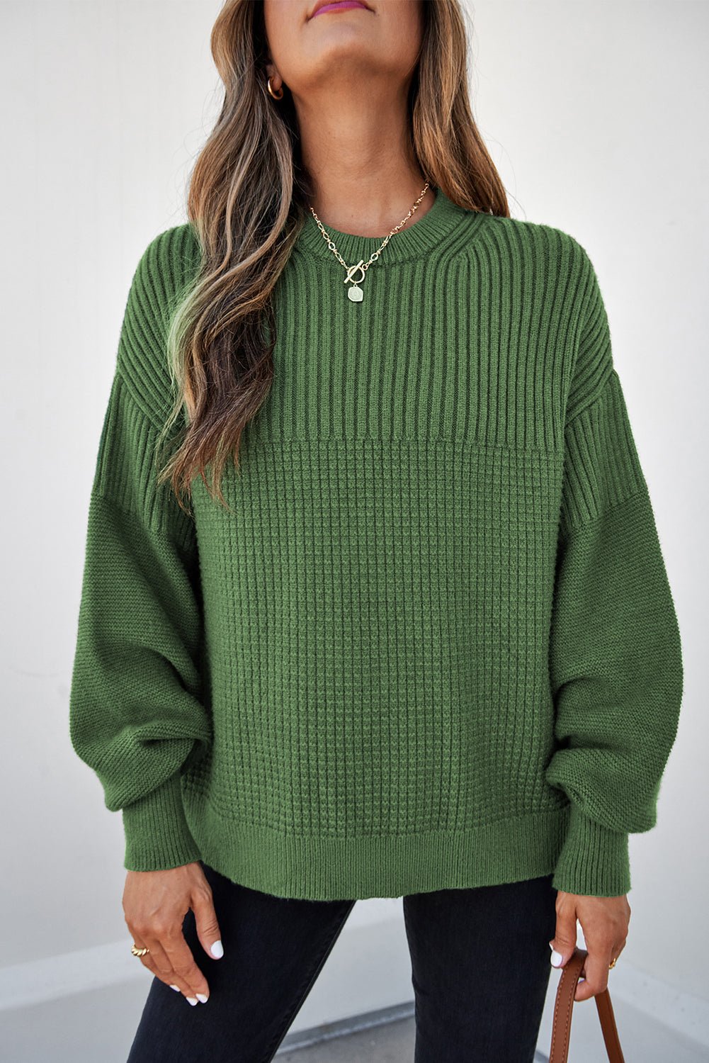 Vineyard Green Solid Color Mixed Textured Knitted Crew Neck Sweater - MAD RUFFI