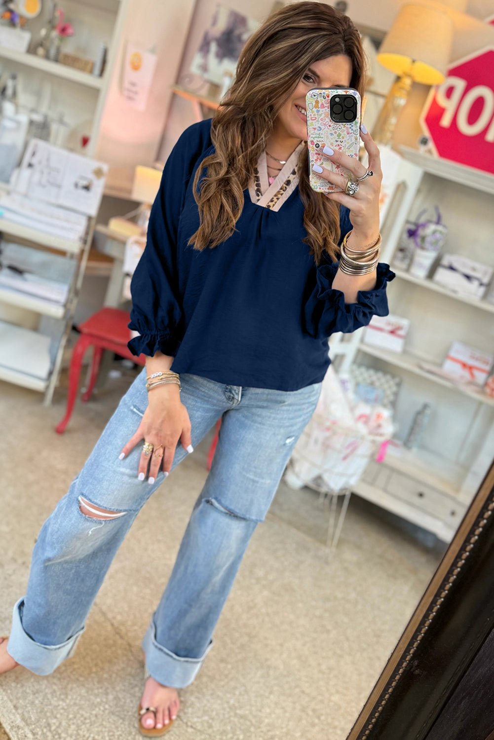 Violet Leopard Trim Notched Neck Bubble Sleeve Blouse - MAD RUFFI