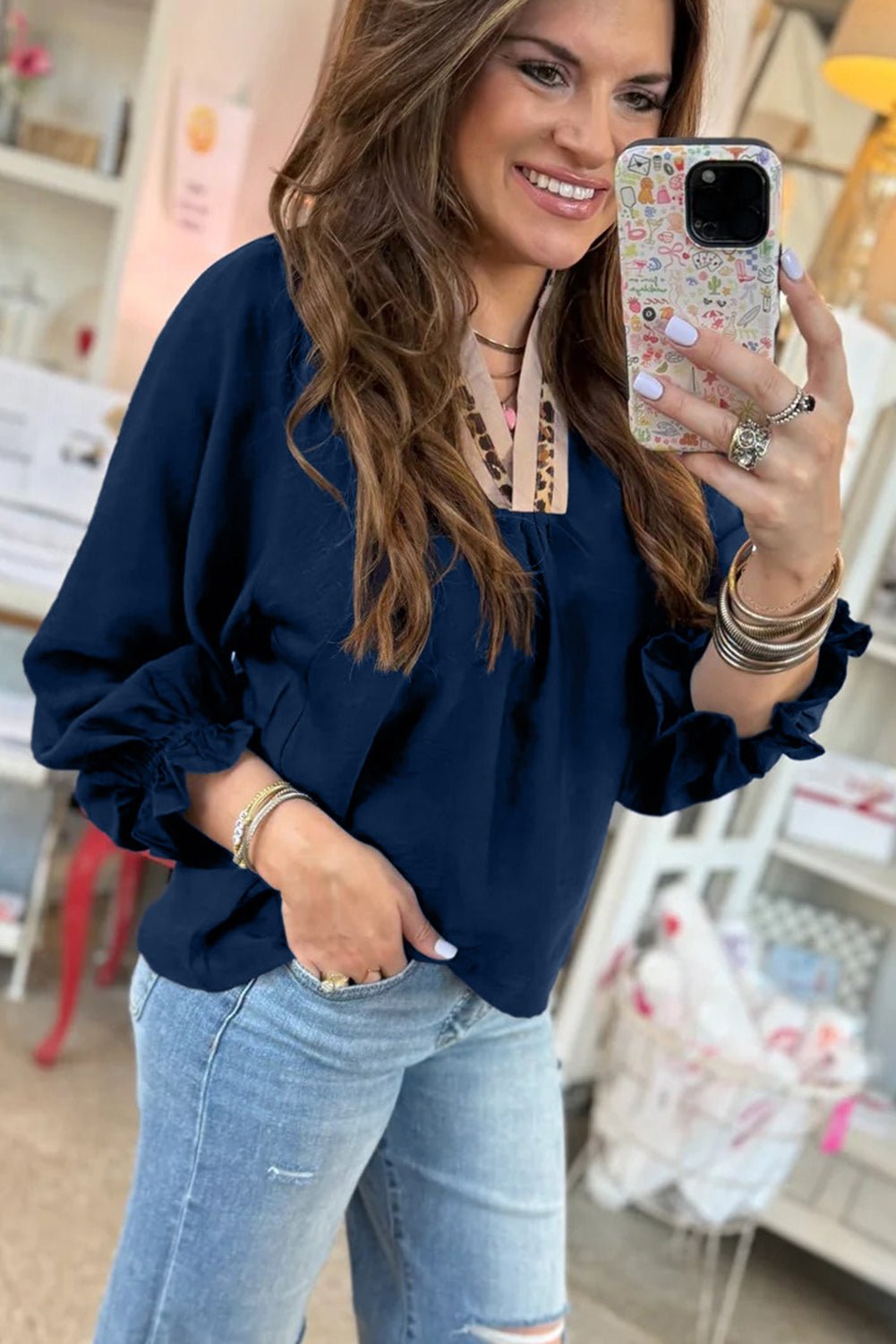 Violet Leopard Trim Notched Neck Bubble Sleeve Blouse - MAD RUFFI