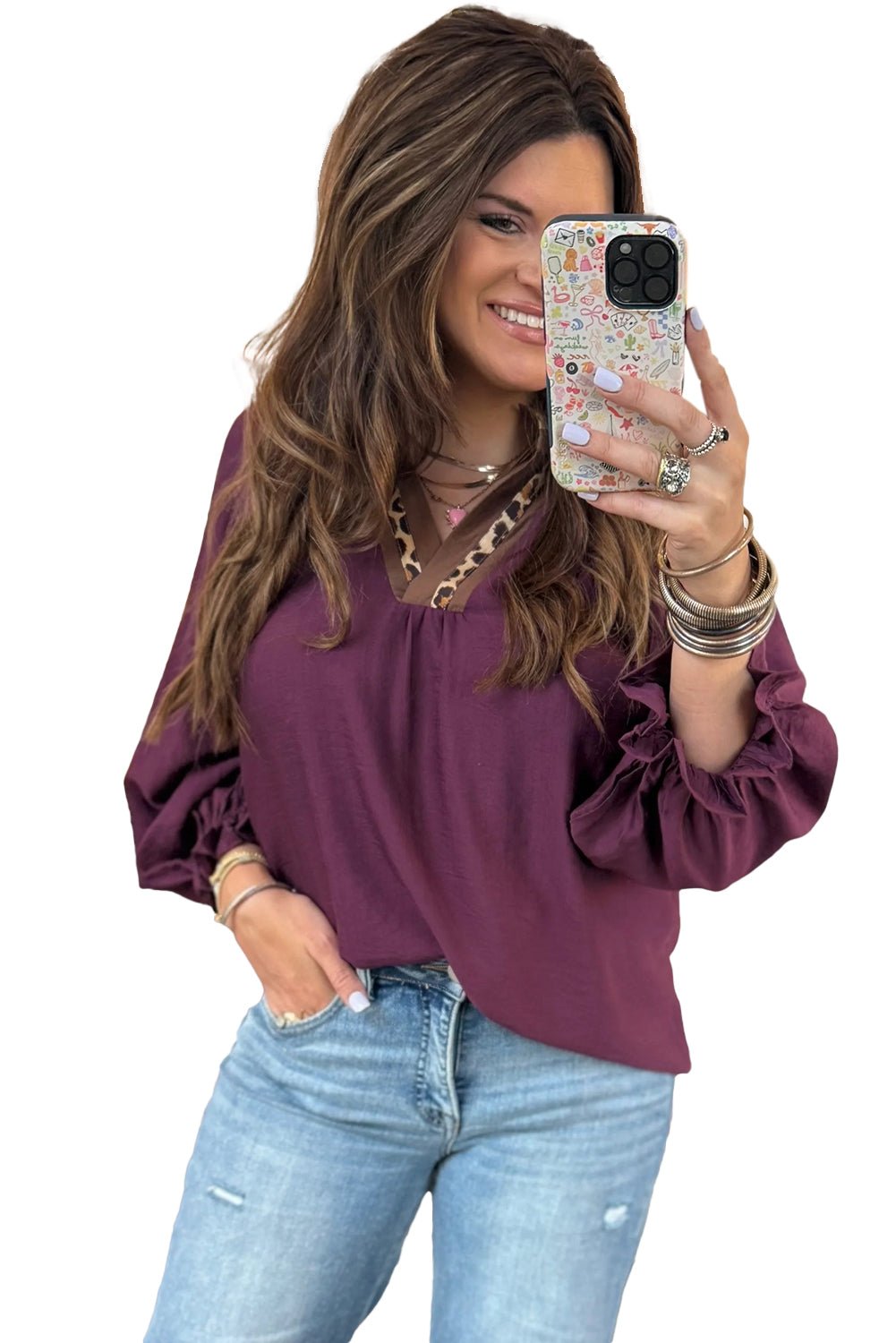 Violet Leopard Trim Notched Neck Bubble Sleeve Blouse - MAD RUFFI