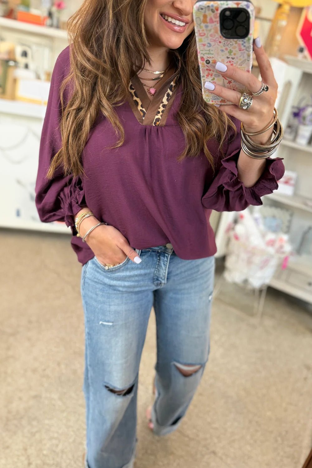 Violet Leopard Trim Notched Neck Bubble Sleeve Blouse - MAD RUFFI