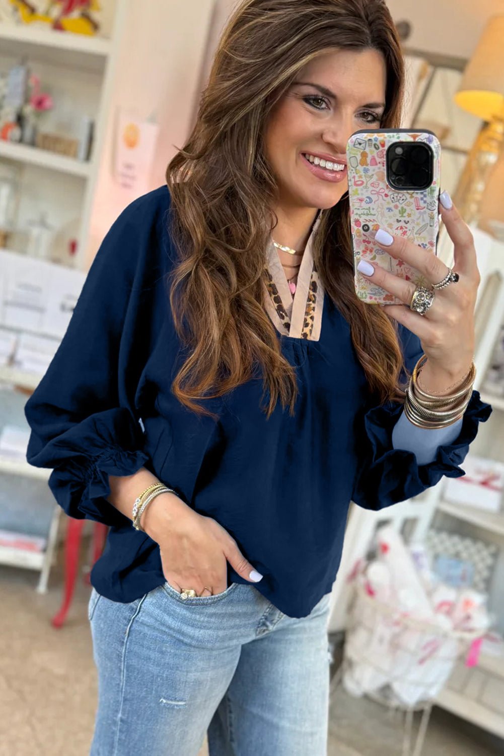 Violet Leopard Trim Notched Neck Bubble Sleeve Blouse - MAD RUFFI