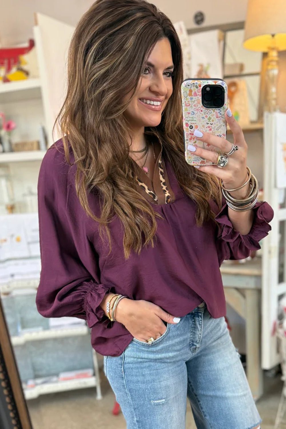 Violet Leopard Trim Notched Neck Bubble Sleeve Blouse - MAD RUFFI