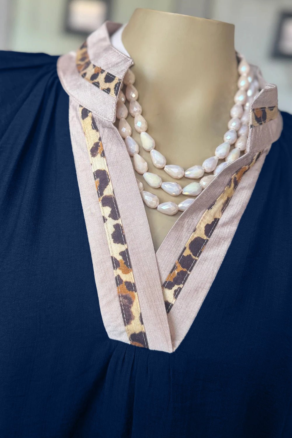 Violet Leopard Trim Notched Neck Bubble Sleeve Blouse - MAD RUFFI