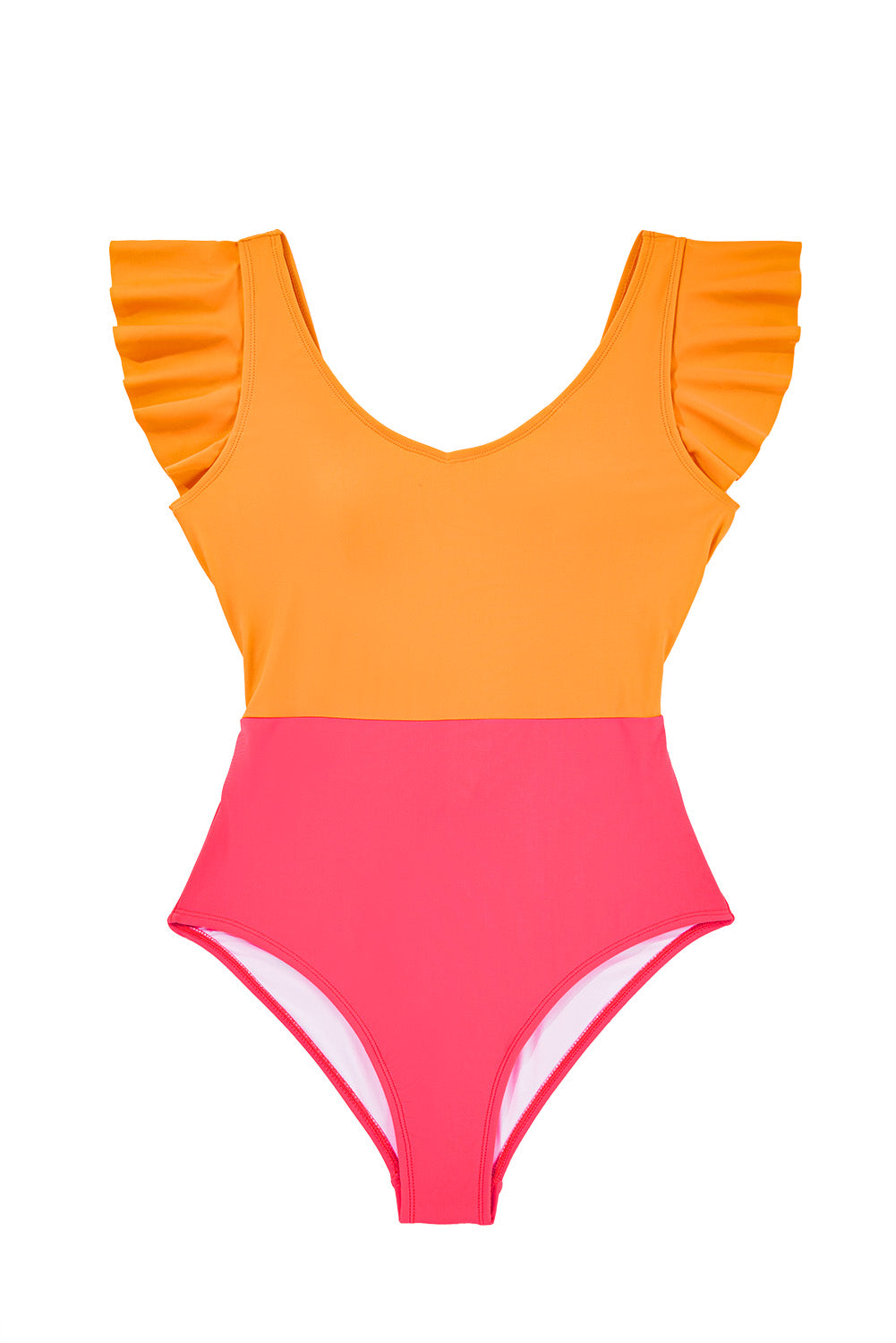 Vitality Orange Colorblock Ruffle Knotted Backless One Piece Swimsuit - MAD RUFFI