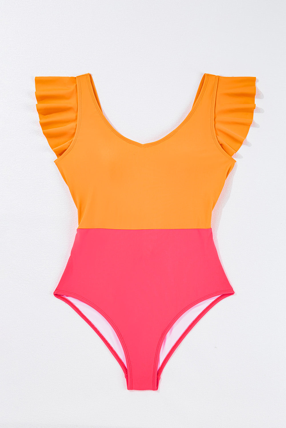 Vitality Orange Colorblock Ruffle Knotted Backless One Piece Swimsuit - MAD RUFFI