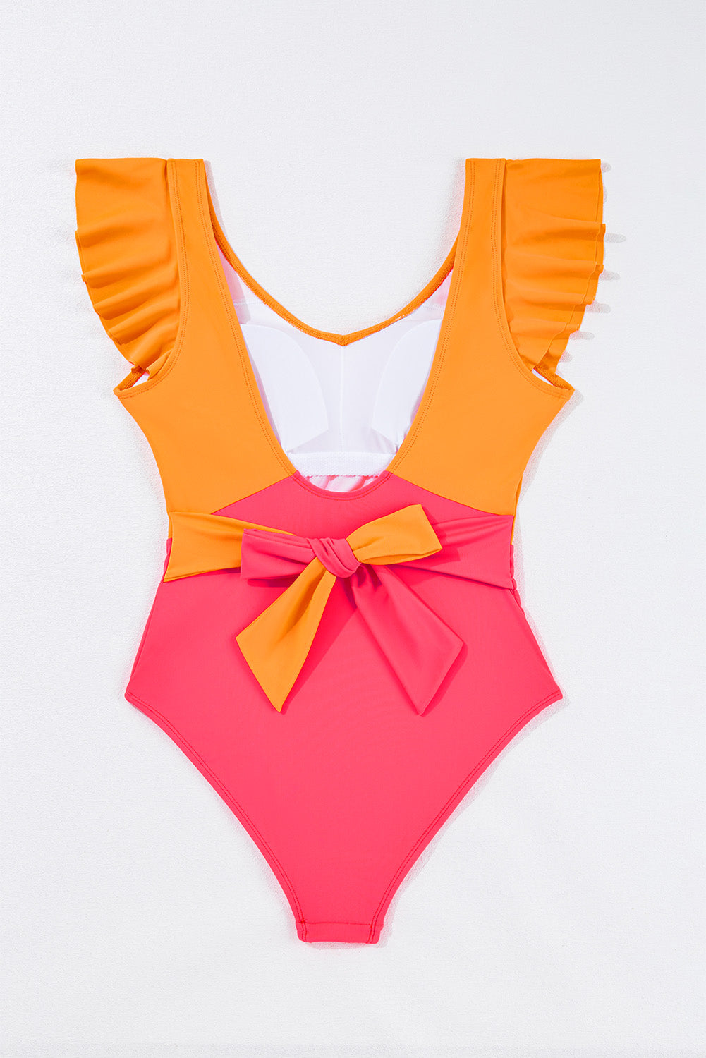 Vitality Orange Colorblock Ruffle Knotted Backless One Piece Swimsuit - MAD RUFFI