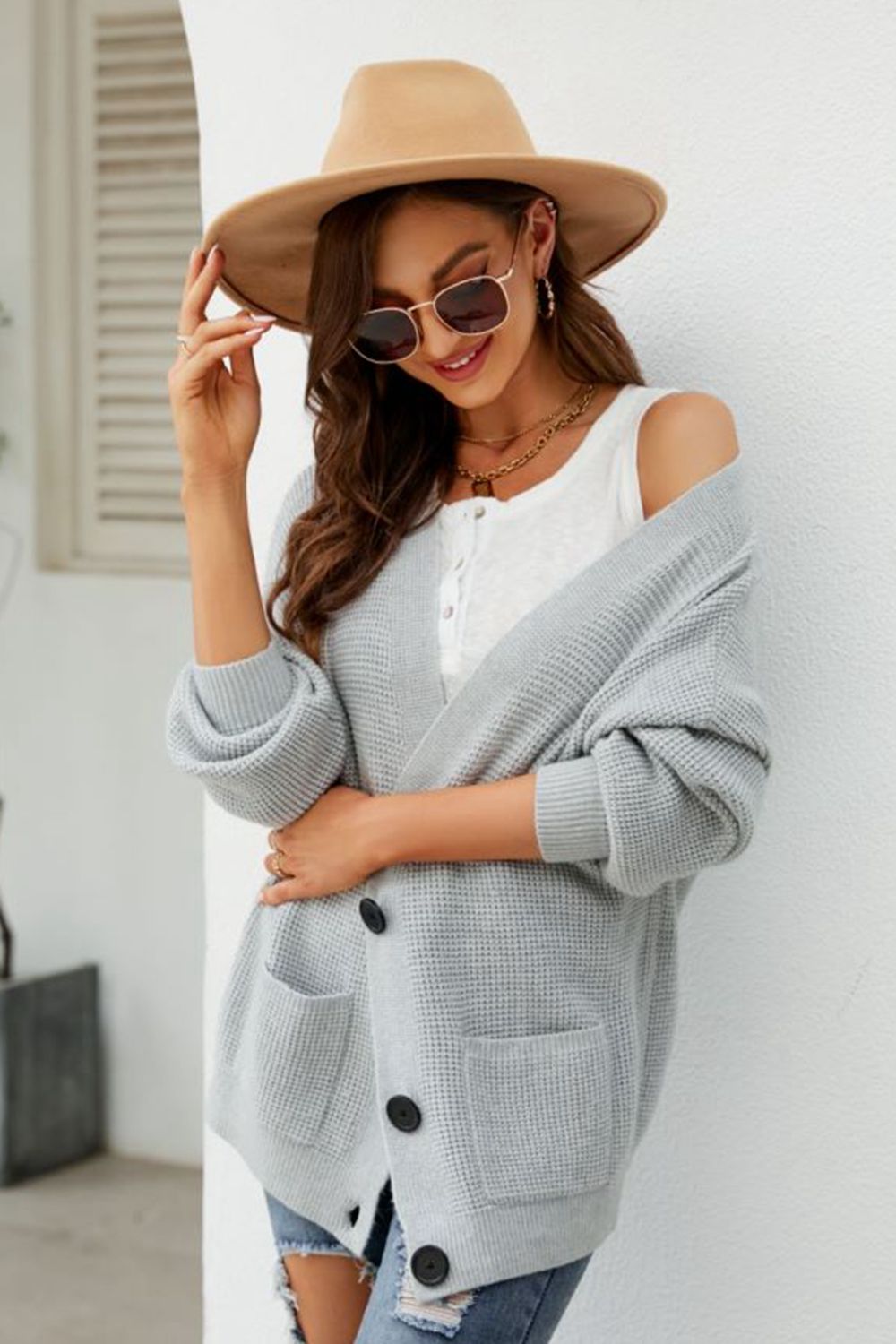 Waffle - Knit Dropped Shoulder Cardigan - MAD RUFFI