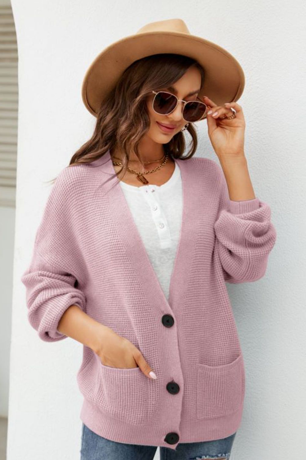 Waffle - Knit Dropped Shoulder Cardigan - MAD RUFFI
