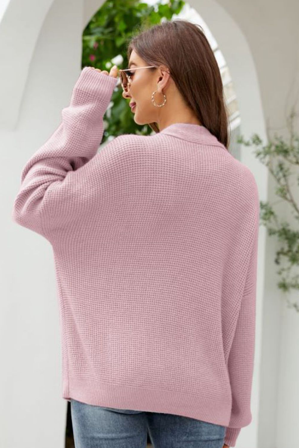 Waffle - Knit Dropped Shoulder Cardigan - MAD RUFFI