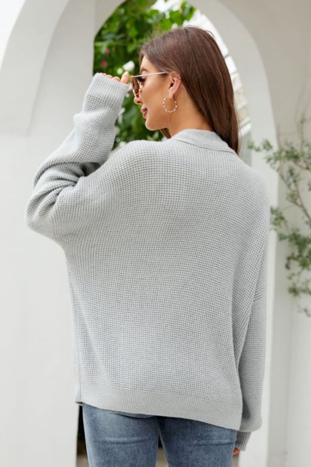 Waffle - Knit Dropped Shoulder Cardigan - MAD RUFFI