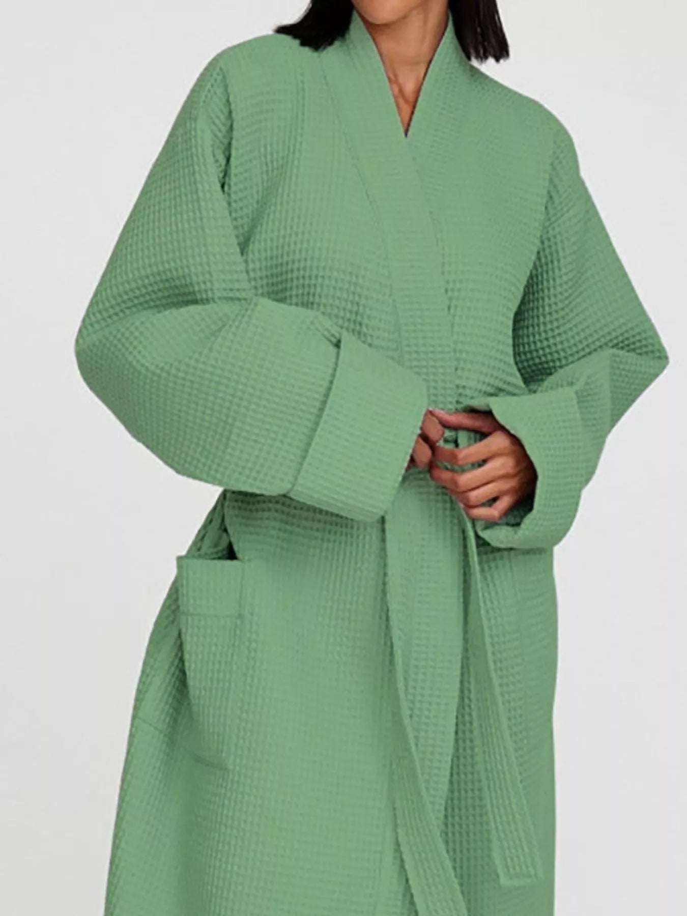 Waffle Knit Tie Waist Lounge Nightgown - MAD RUFFI