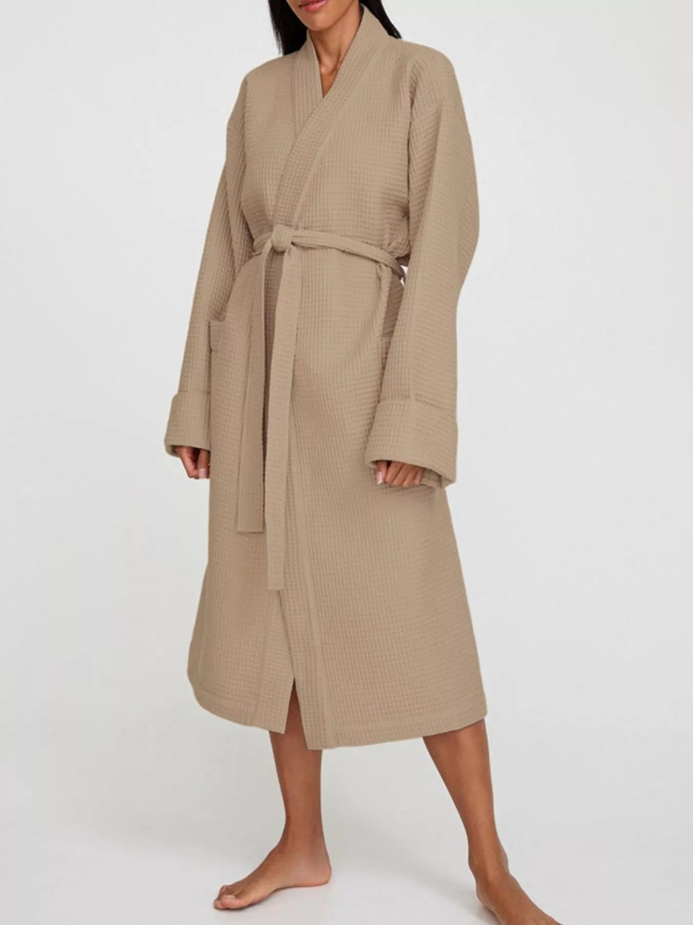 Waffle Knit Tie Waist Lounge Nightgown - MAD RUFFI