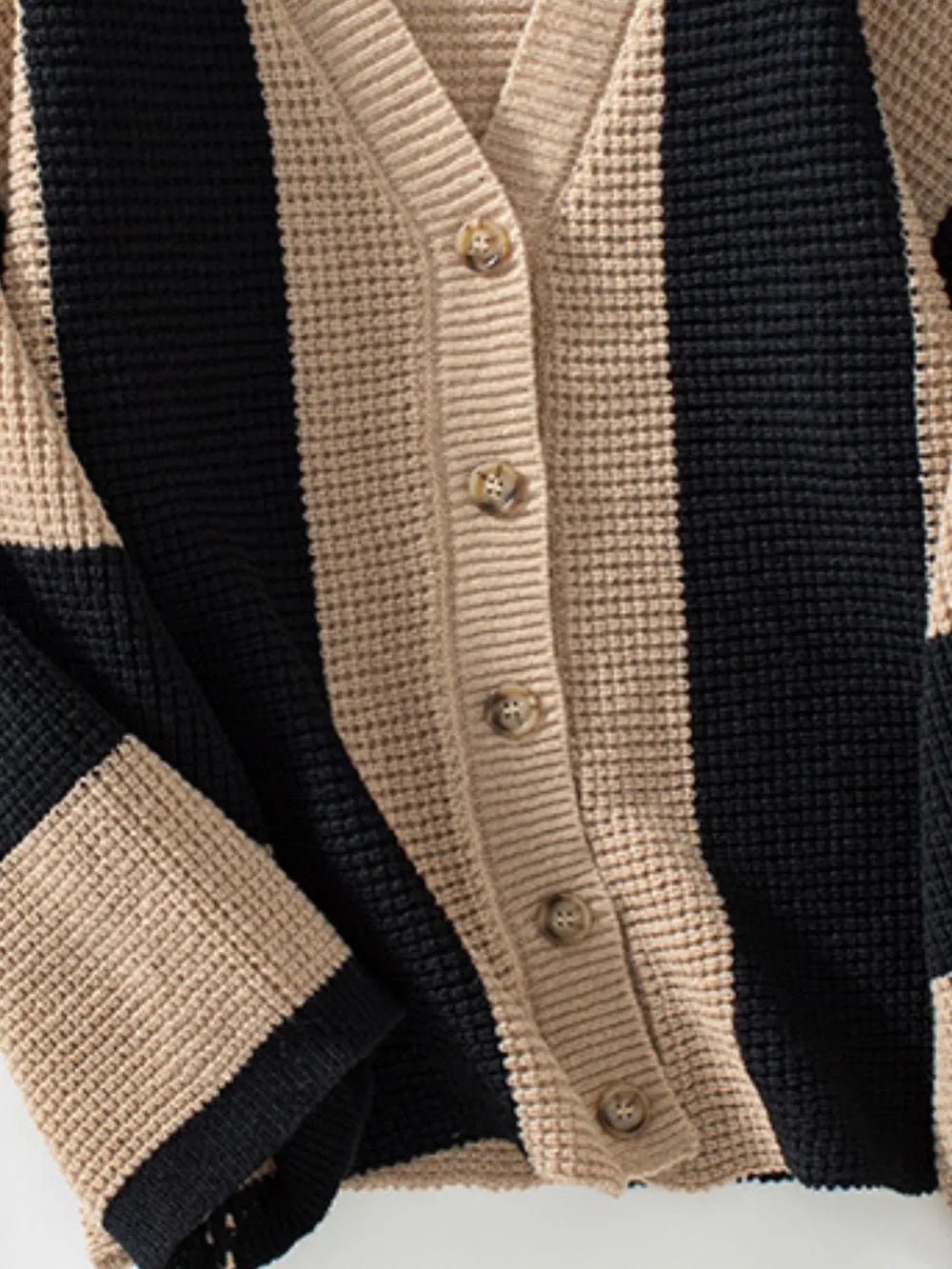 Waffle - Knit V - Neck Striped Long Sleeve Cardigan - MAD RUFFI