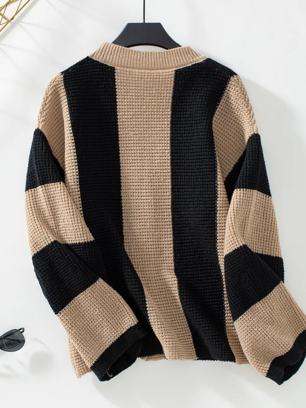 Waffle - Knit V - Neck Striped Long Sleeve Cardigan - MAD RUFFI