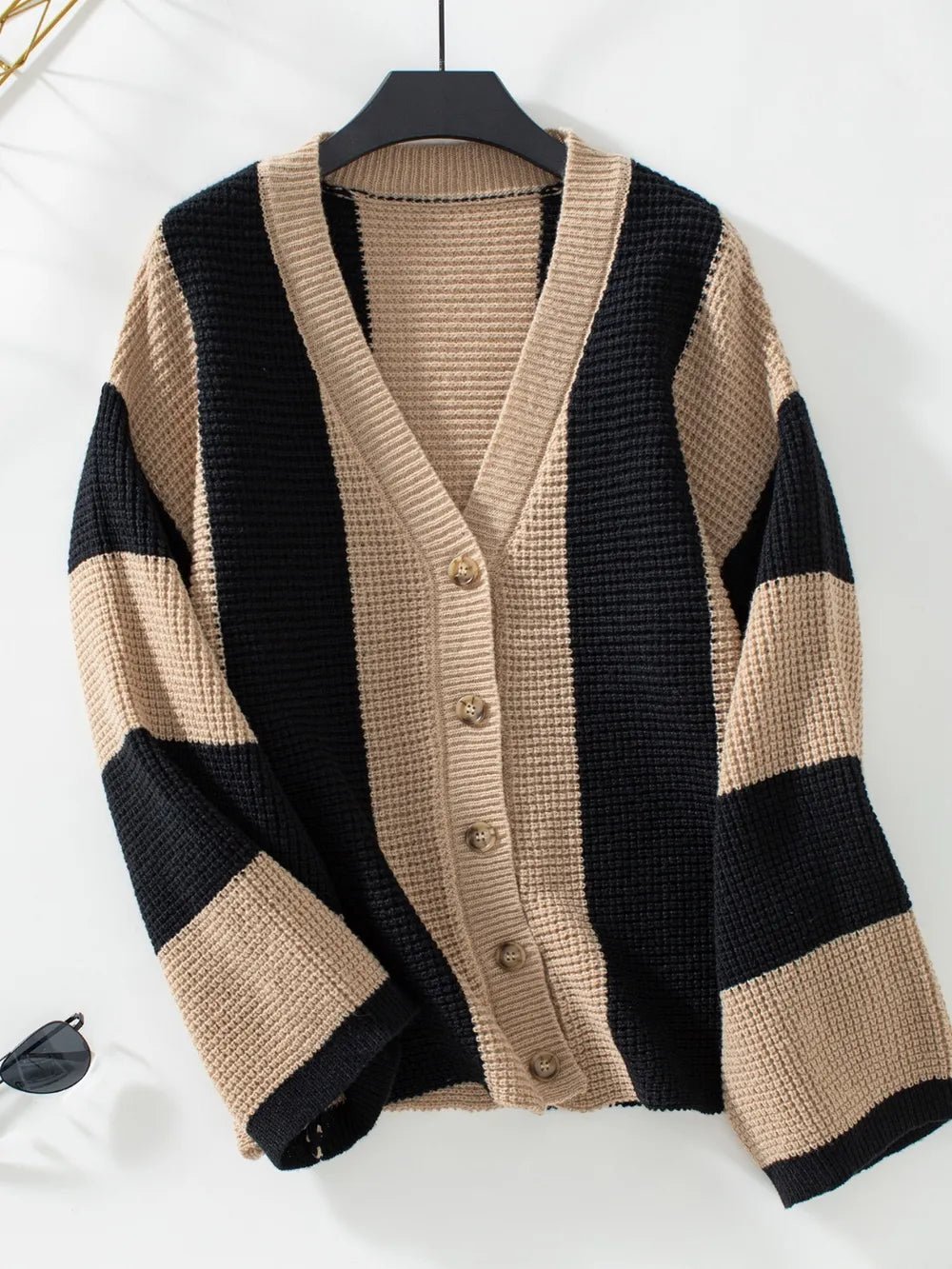 Waffle - Knit V - Neck Striped Long Sleeve Cardigan - MAD RUFFI