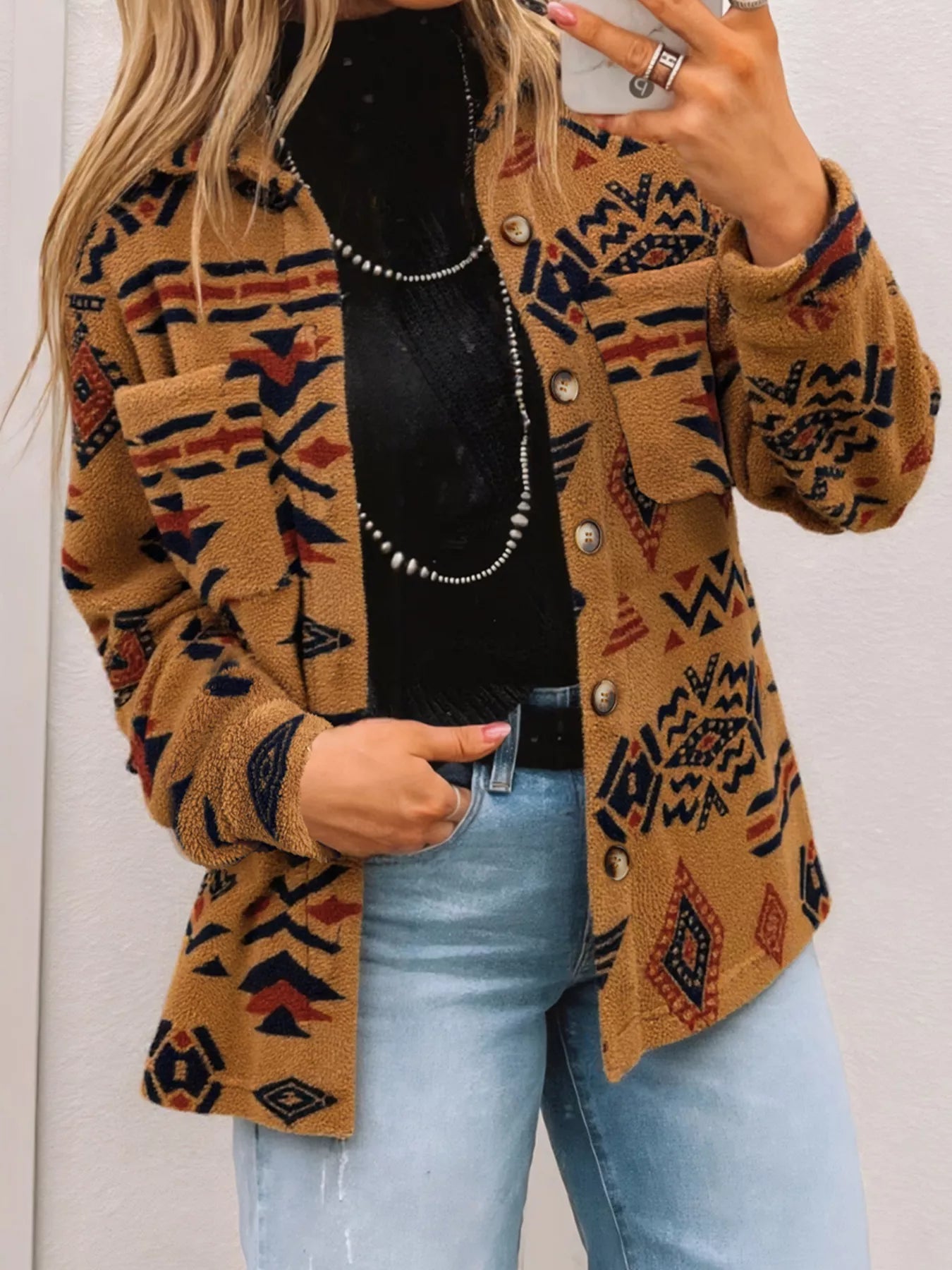 Western Aztec Pattern Fleece Button - Up Shacket - MAD RUFFI