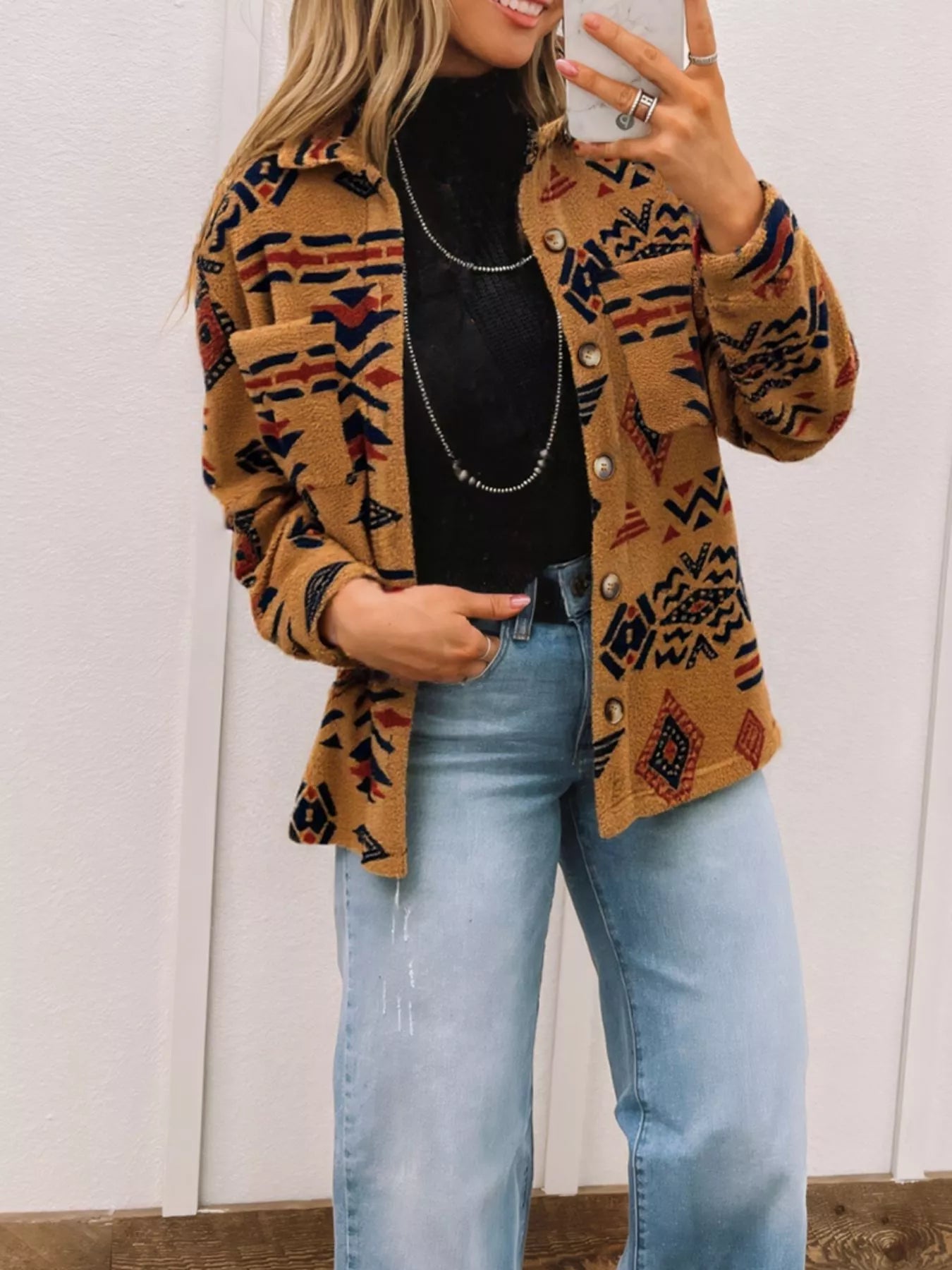 Western Aztec Pattern Fleece Button - Up Shacket - MAD RUFFI