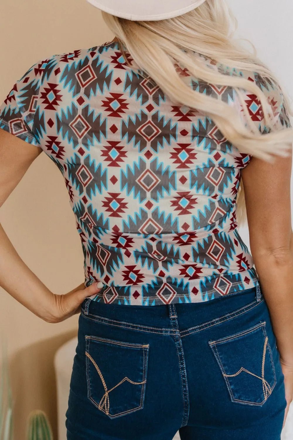 Western Aztec Print Mesh Slim T Shirt - MAD RUFFI