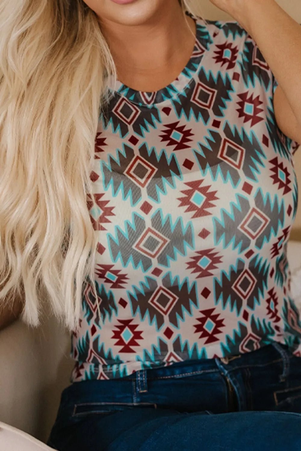 Western Aztec Print Mesh Slim T Shirt - MAD RUFFI