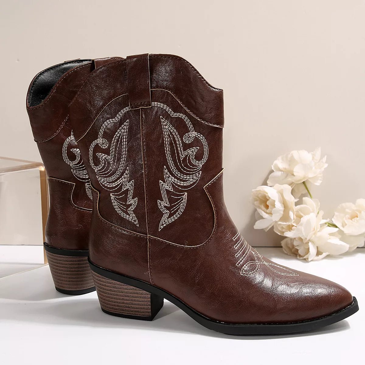 Western Cowboy Boots with Embroidered Design - MAD RUFFI