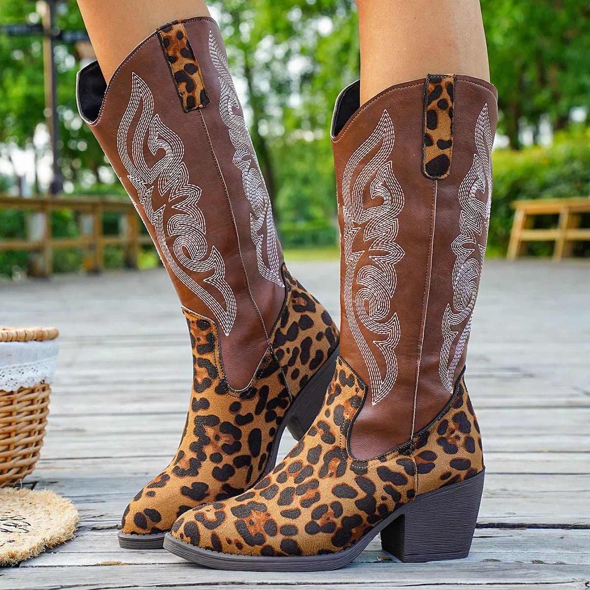 Western Embroidered Mid - Calf Boots - MAD RUFFI