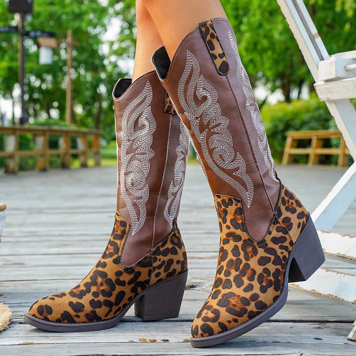 Western Embroidered Mid - Calf Boots - MAD RUFFI