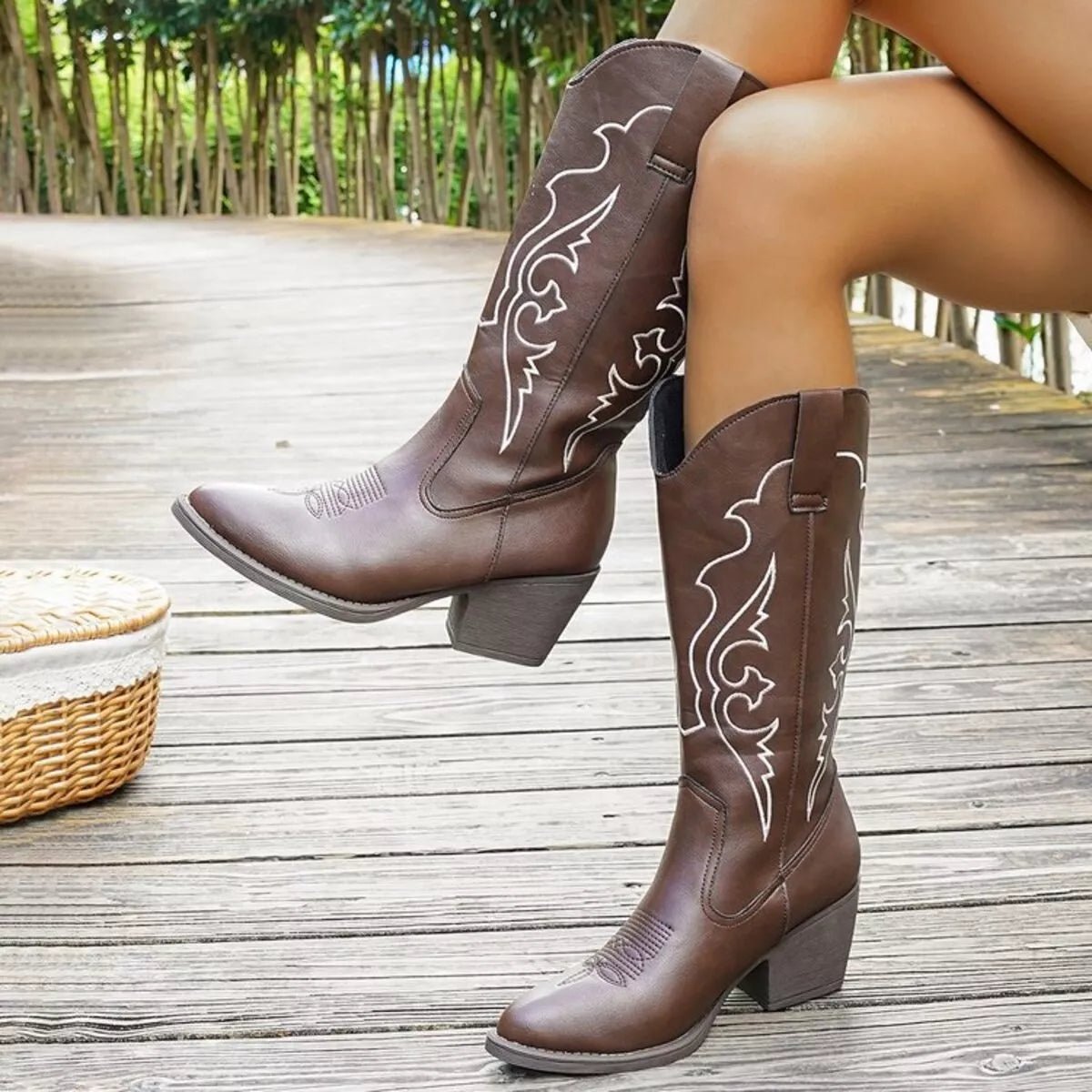 Western Embroidered Mid - Calf Boots - MAD RUFFI