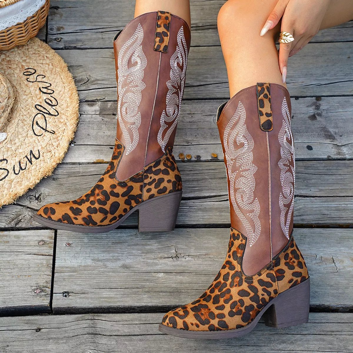 Western Embroidered Mid - Calf Boots - MAD RUFFI
